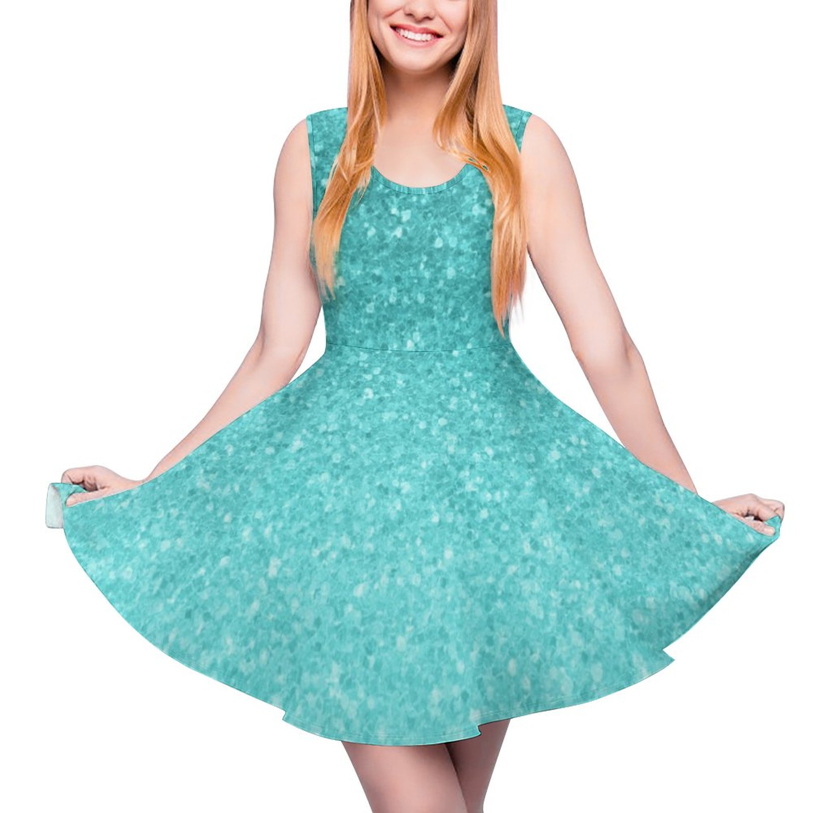 Aqua Blue Glitter Sparkle Girly Glam Mermaid Sleeveless Mini Skater Dresses Blue-5XL Aqua Blue Glitter Sparkle Girly Glam Mermaid Sleeveless Mini Skater Dresses Blue-5XL