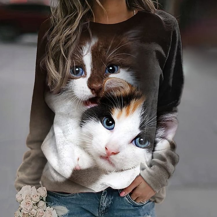 Comstylish Cat Print Round Neck Long Sleeve Casual Sweatshirt