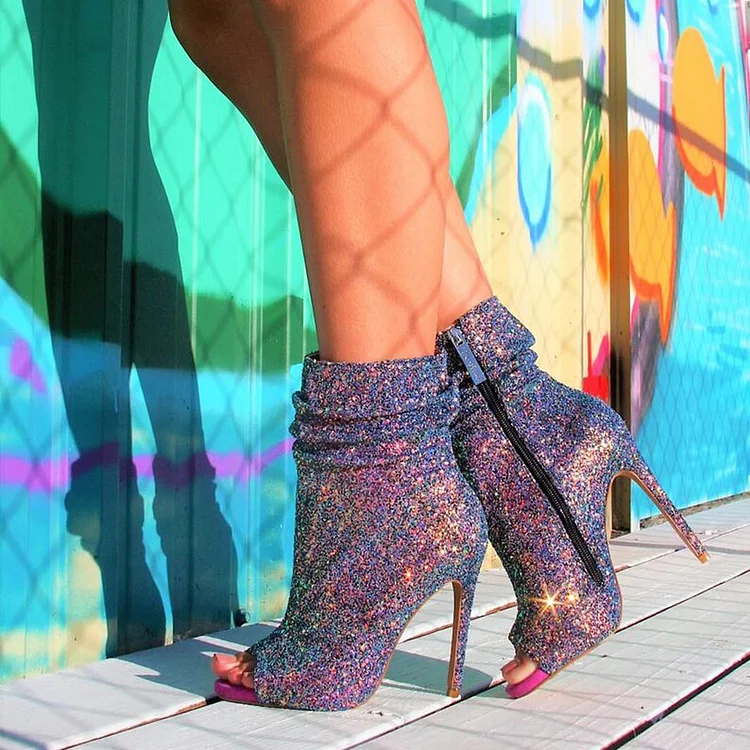 Colorful Slouch Boots Glitter Stiletto Heel Peep Toe Booties |FSJ Shoes