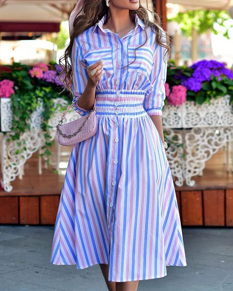 Pleated waist striped printed a-line dress