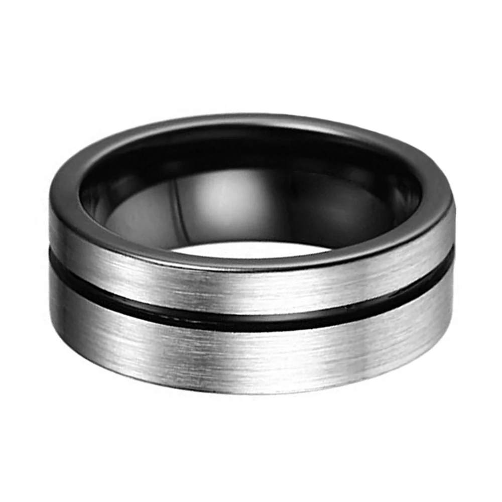 8mm Tungsten Carbide Black Thin Grooved Men Ring Gray Brushed Comfort Fit