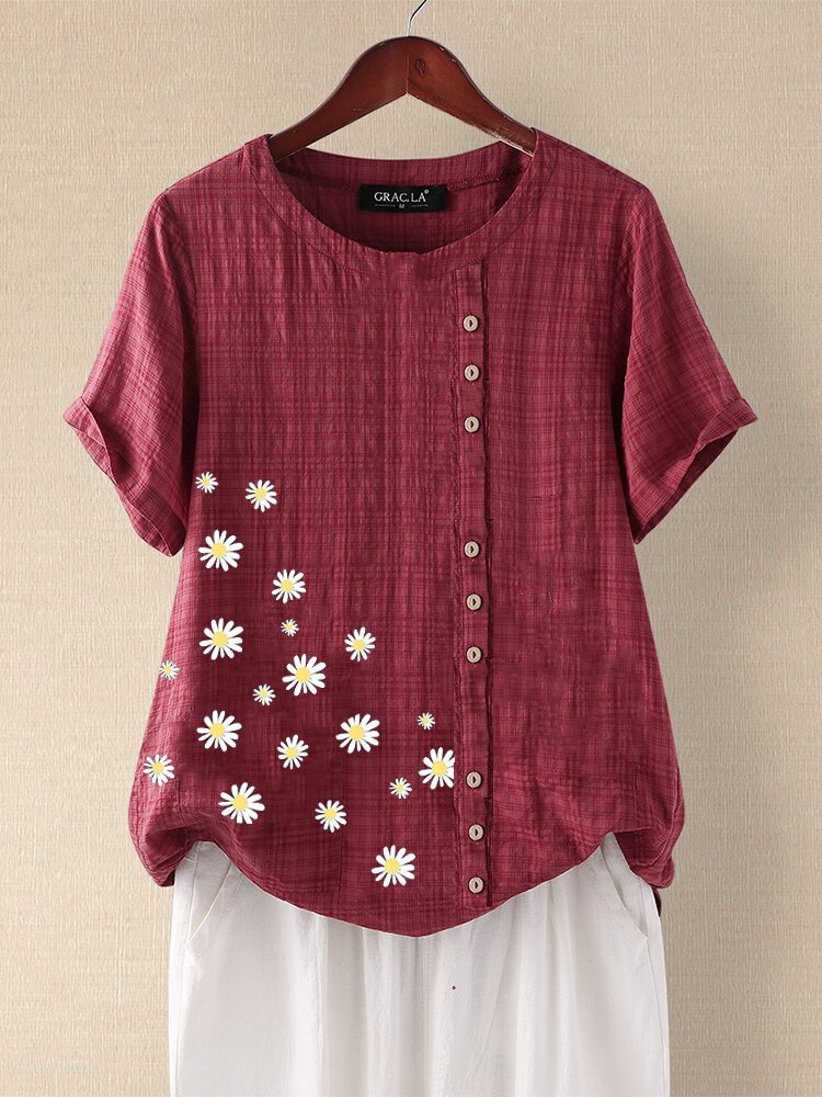 Daisy Floral Printed Plaid Button Short Sleeve T shirt P1665774