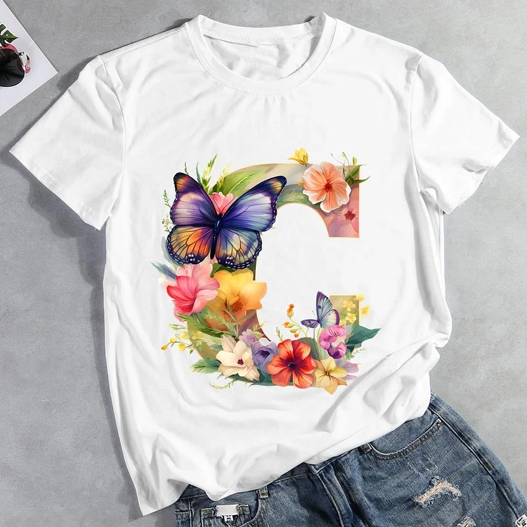 Butterfly Alphabet C Round Neck T-shirt