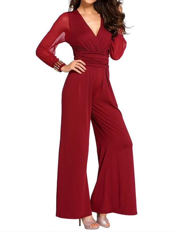 Wide Leg Gauze Rivet Pure Color Split-Joint Deep V-Neck Jumpsuits