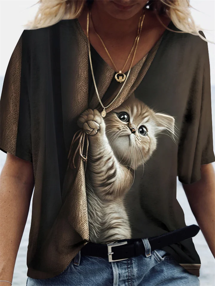 Women's Summer Hot 3D Printing Cat V-neck Women's T-shirt Loose Casual Temperament T-shirt-Cosfine