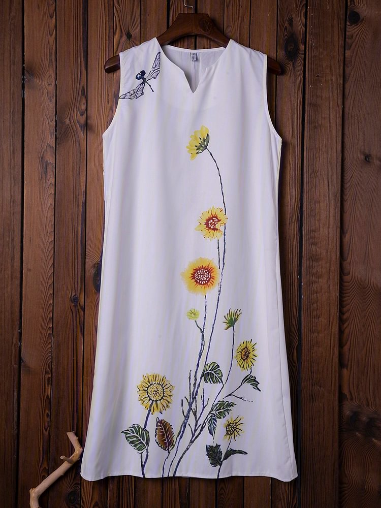 DealCrafty White Floral Crew Neck Sleeveless Cotton-Blend Sundresses