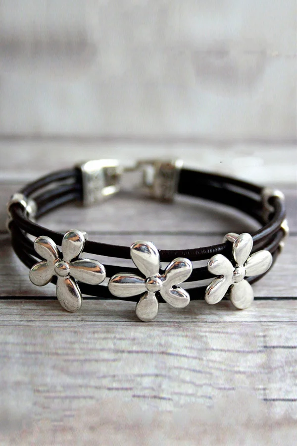 Vintage Flower Pattern Leather Cord Bracelet