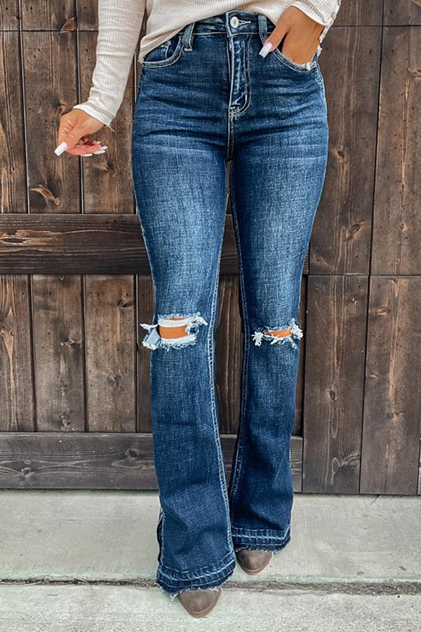 Casual Solid Tassel Ripped Boot Cut Bottoms - Life is Beautiful for You - SheChoic
