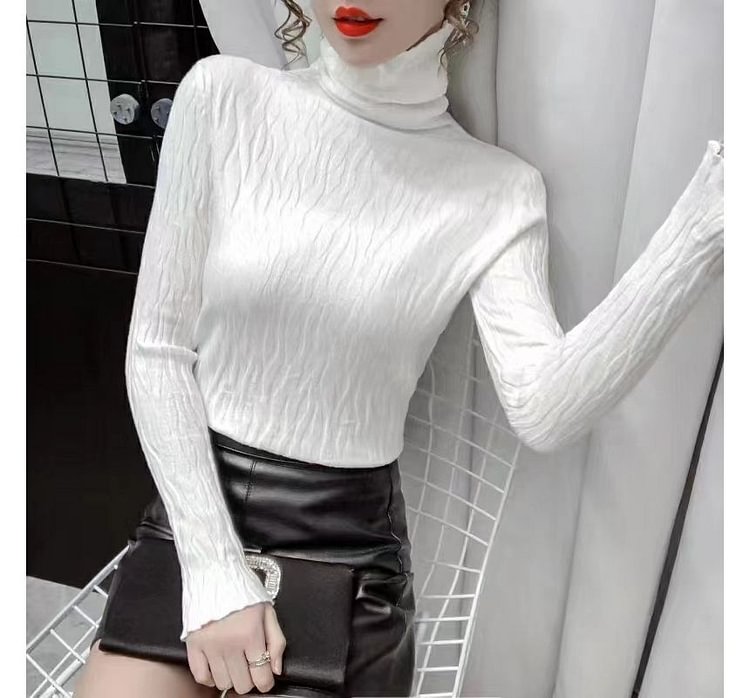 Long-Sleeve Turtleneck Plain Embossed Knit Top II33