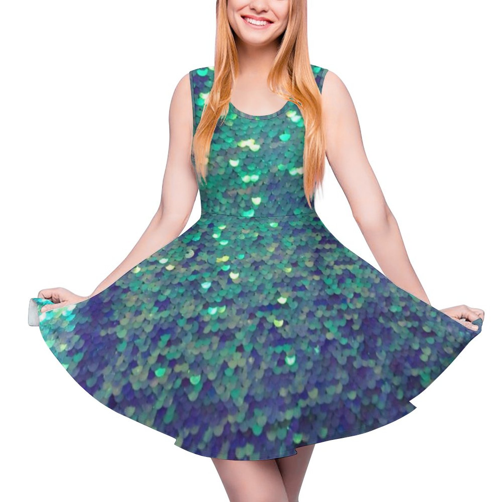 Fabulous Mermaid Simulated Sequin Casual Flared Tank Dress, Sleeveless Mini Skater Dresses Glitter Sequin-XS
