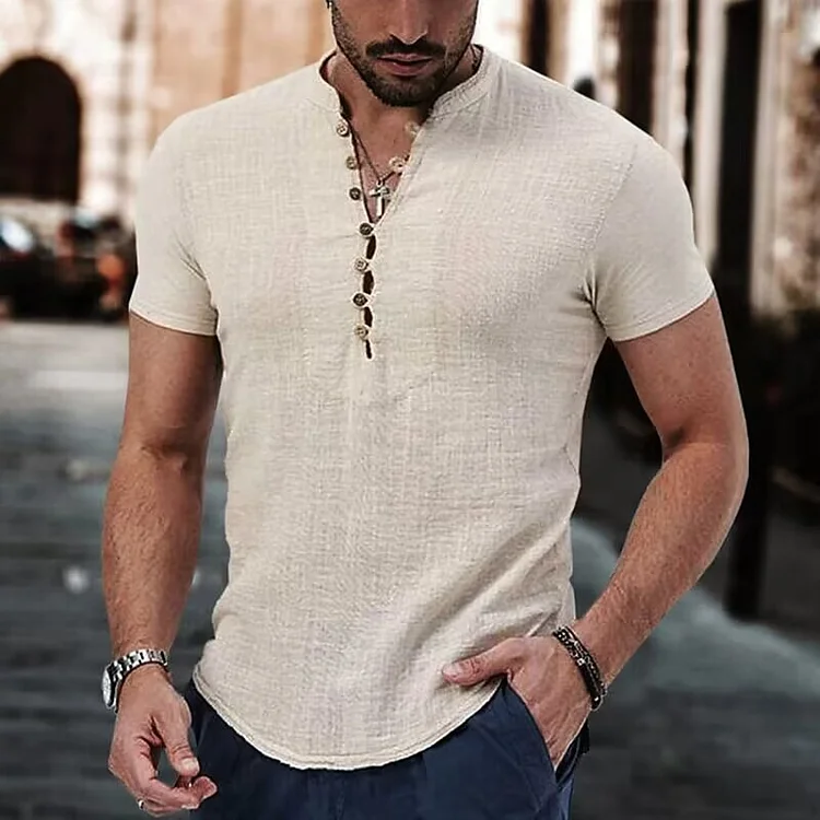Men's Casual Solid Color Buttons Short Sleeve Linen Shirt