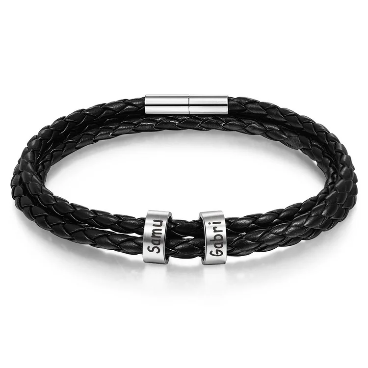 Mens Leather Bracelet with 2 Beads Leather Braided Bracelet for Men Multi-Layer Bracelet Black