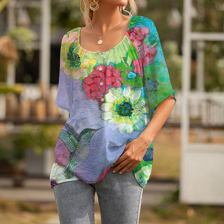Vintage Floral Hummingbird Print Short Sleeve Shirt