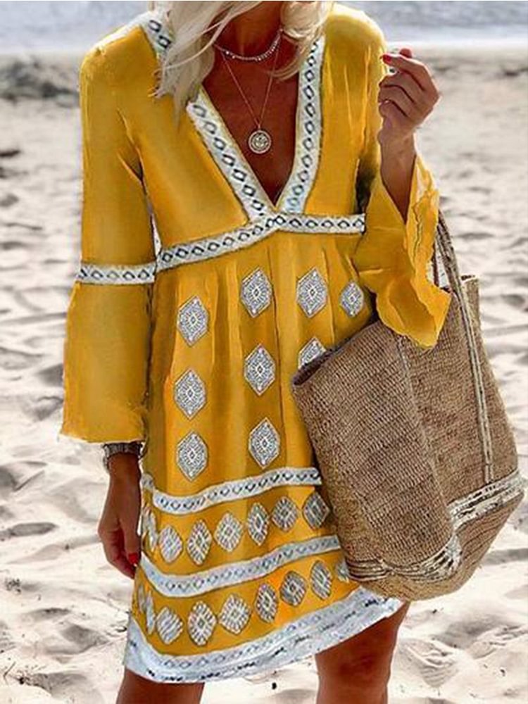V-neck Flared Sleeve Boho Mini Dress P16232