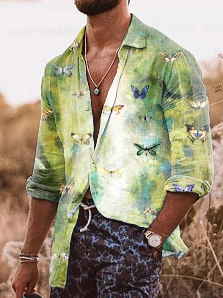 Men's printed cotton linen long sleeved shirt