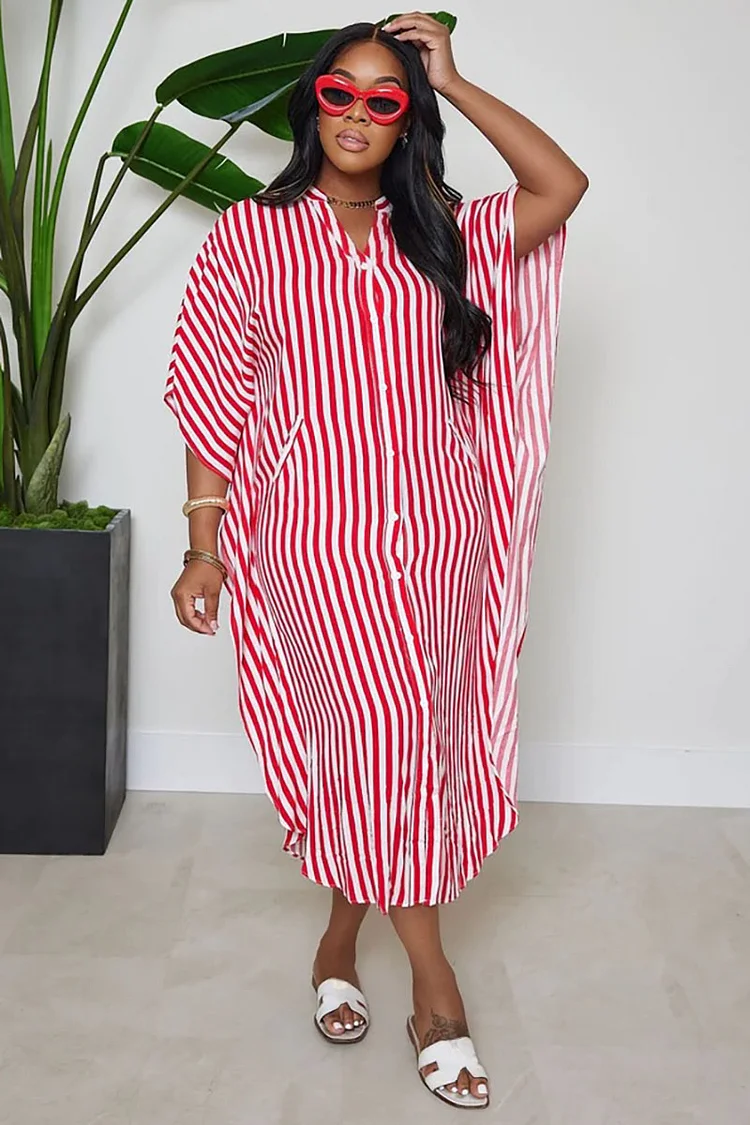Striped V Neck Button Up Batwing Sleeve Loose Fit Blouse Midi Dresses