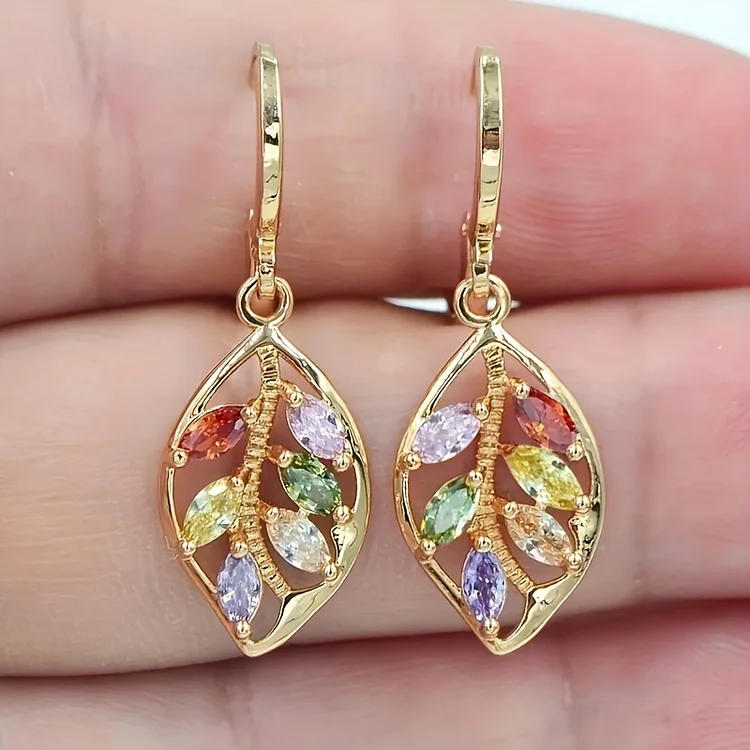 Multicolor Mystic Cubic Zirconia Women's Leaf Dangle Earrings Jewelry 14K Gold Plated Ear Decoration Gift