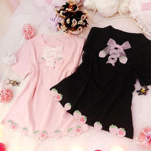 4 Colors Kawaii Mori Girl Strawberry Lace Top SP178845