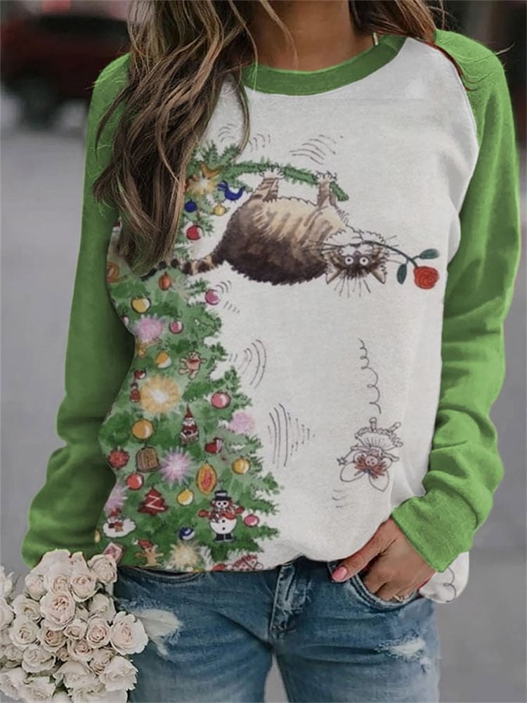 Christmas Tree Cat Rose Elf Print Sweatshirt