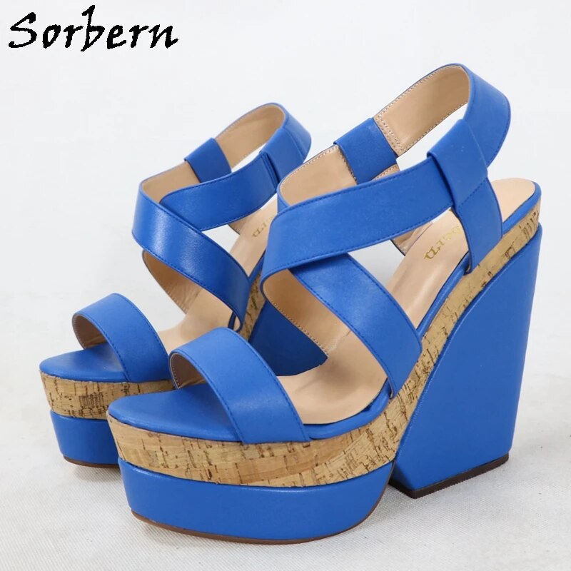 VCSHOES Thick Orange Women Sandals Visible Platform Shoes Slingback Cork Wedge High Heels Cross Strap Ankle Straps Custom