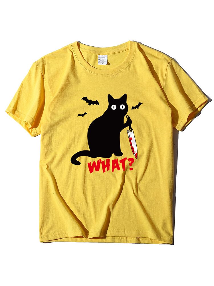 Cat Letter Print Short Sleeve Casual T shirt For Women P1661481