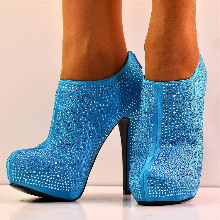 Sky Blue Rhinestone High Heel Ankle Boots Vdcoo