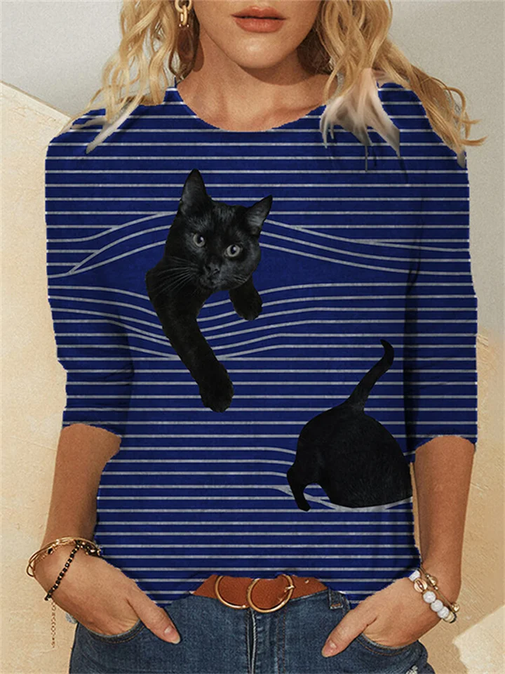 Women's Round Neck Faux Cotton Long Sleeve T-shirt Cat Print S M L XL 2LX 3XL