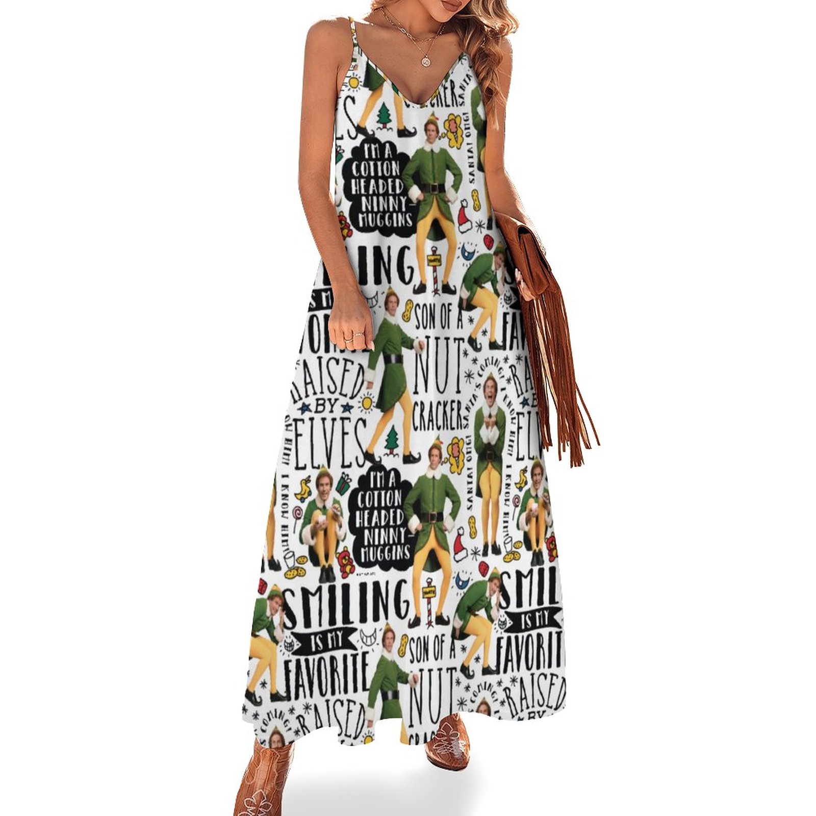 Buddy The Elf Quote Women's Casual Strappy V Neck Sleeveless Flowy Loose Long Maxi Beach Dress Sundress Geometric-XL