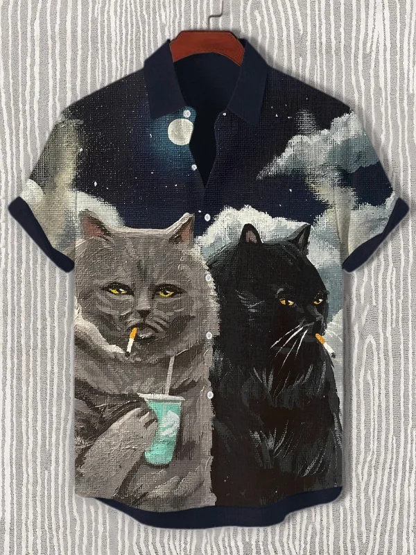 Men's Cat Smoking Retro Oil Painting Art Print Short Sleeve Shirt
