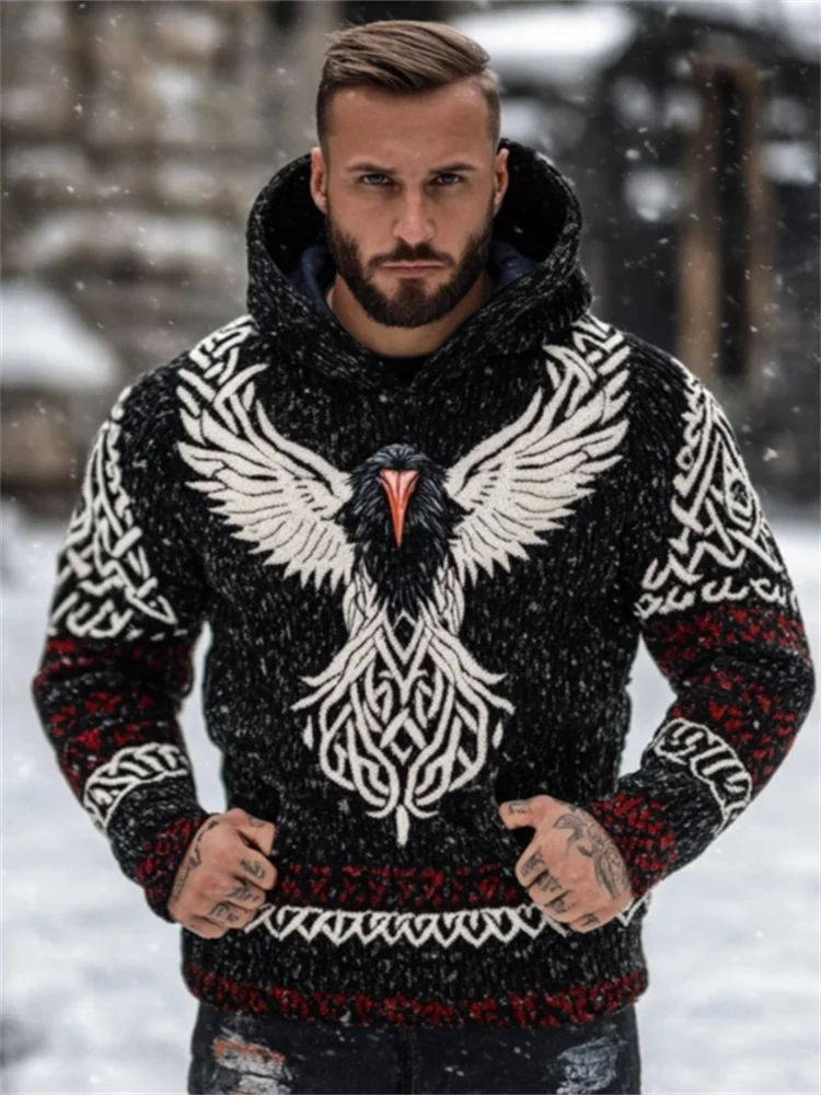Men's Viking Raven Celtic Contrast Cozy Hooded Sweater