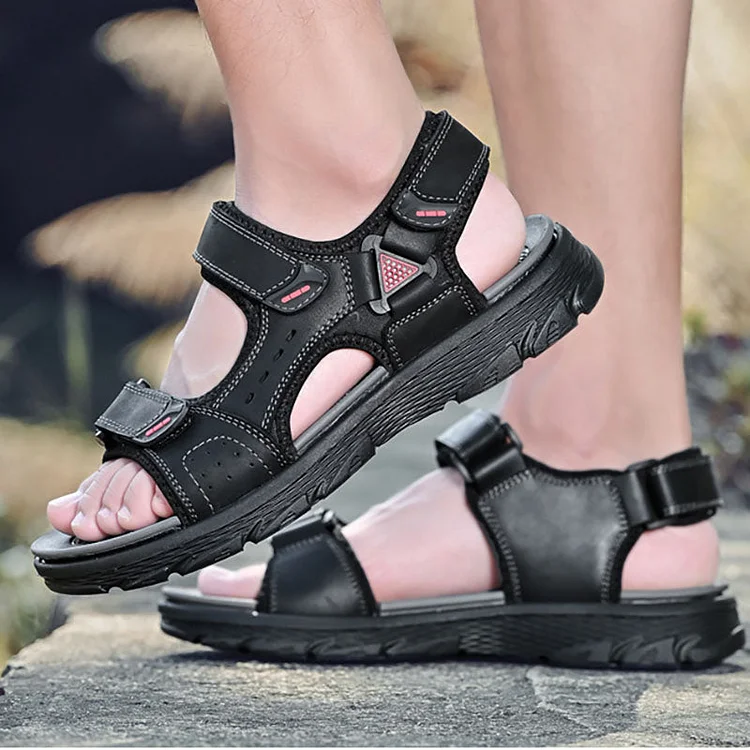 Hook And Loop Cowhide Leather Outdoor Sandals