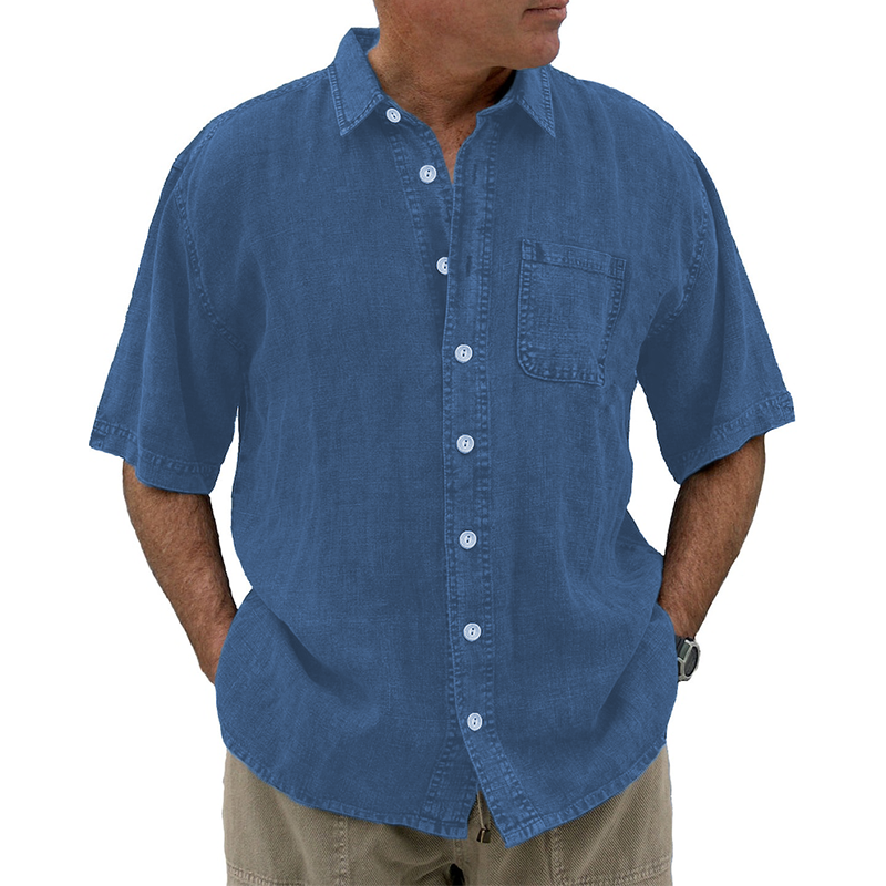 Men's vintage cotton linen pocket short-sleeved shirt