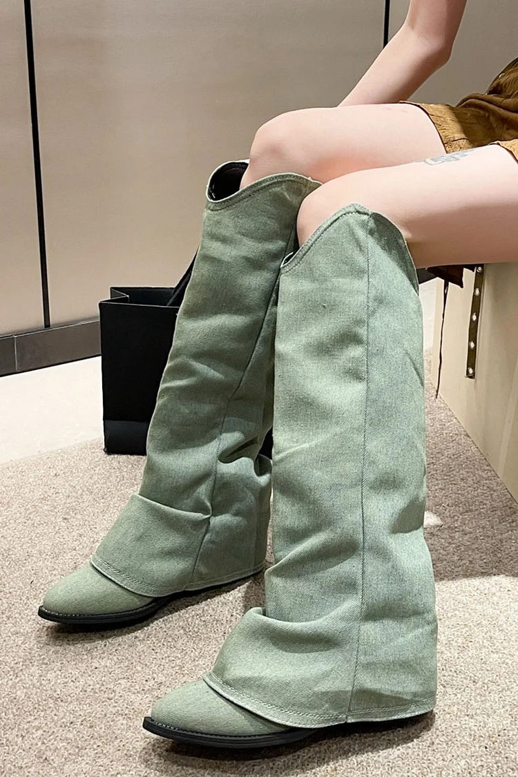 Denim Trouser Leg Patchwork High Top Pointy Toe Chunky Knight Boots-Green