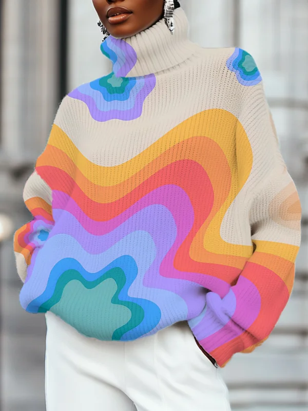 Women's Gradient Color Block Art Print High Neck Knit Sweatshirt