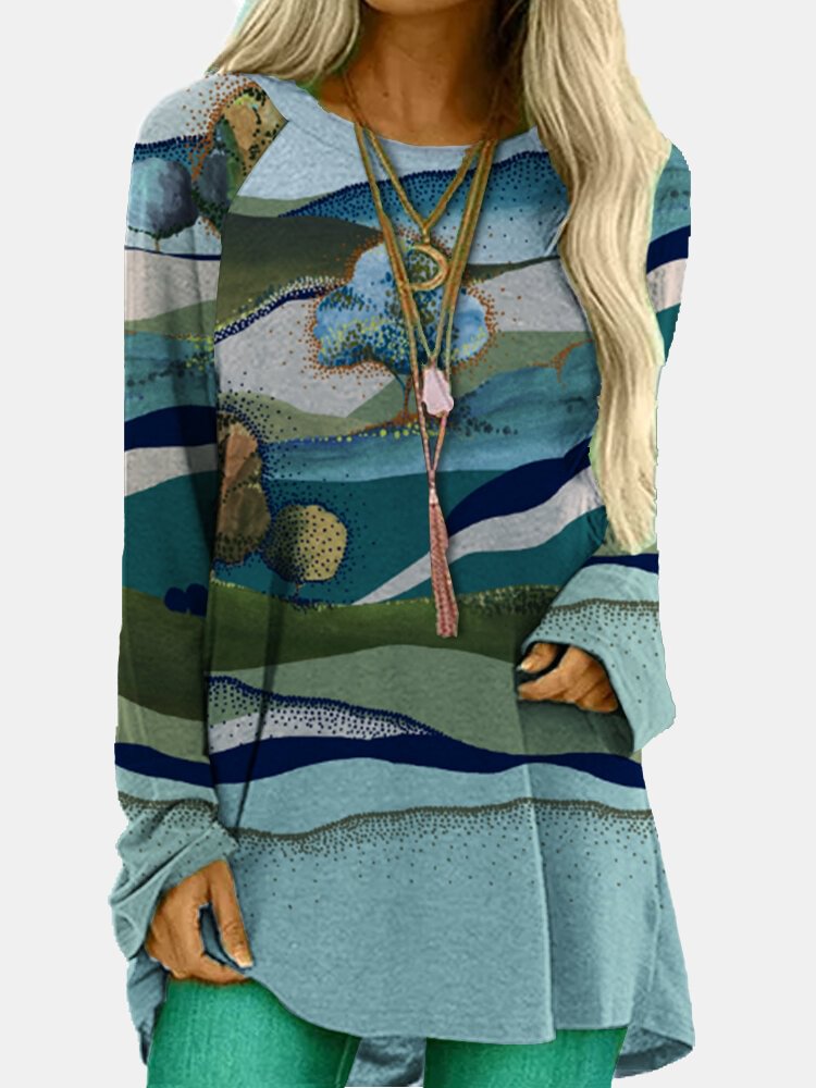 Landscape Prints O neck Long Sleeve Loose Blouse P1729979