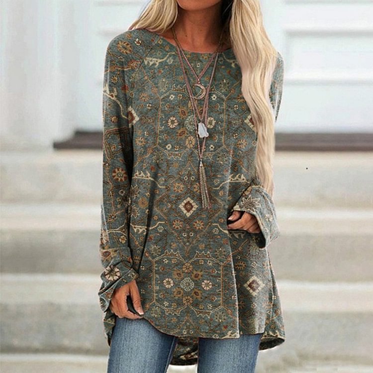 Vefave Vintage Print Crew Neck Long Sleeve Tunic