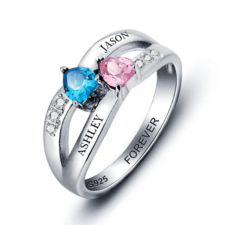 Promise Ring with 2 Birthstones 2 Names Personalized Customized Great Mother's Day Gift