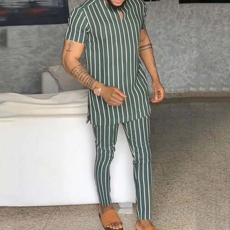 BrosWear Fashion Men's Short Sleeve Striped Casual Two Piece Set