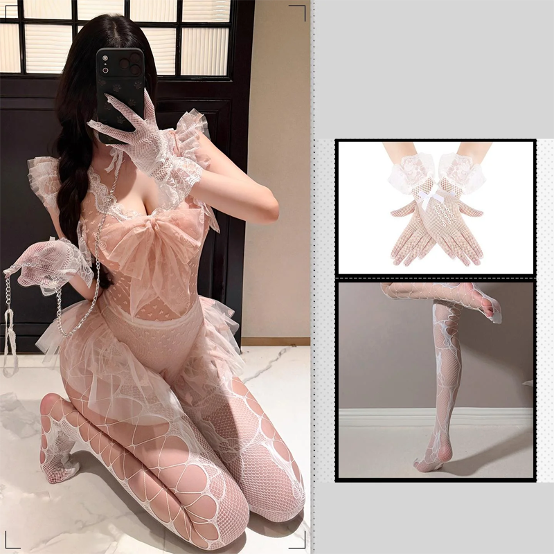 Lovingerie - Hand Holding Rope Dot Sexy See-through Open Crotch Sexy Lingerie Set