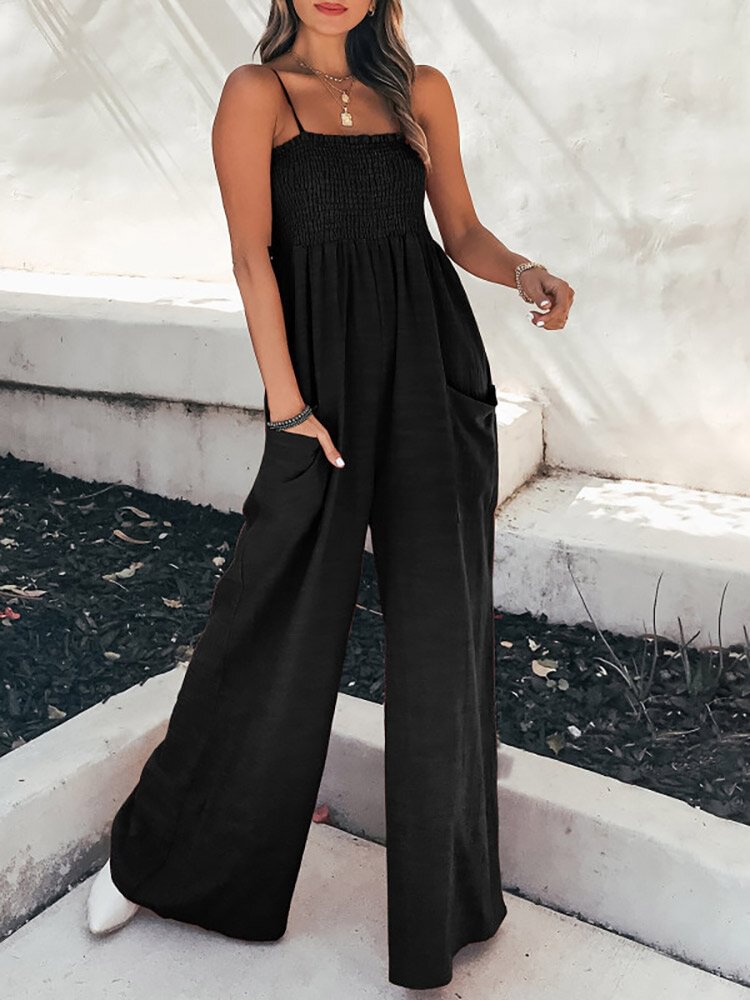 Solid Shirred Pocket Spaghetti Strap Wide Leg Jumpsuit - Shop Trendy Women's Clothing | LoverChic