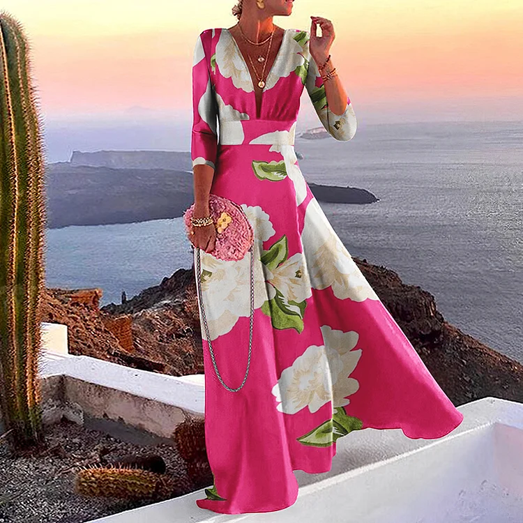 Vefave Fashion V Neck Floral Print Long Sleeve Maxi Dress