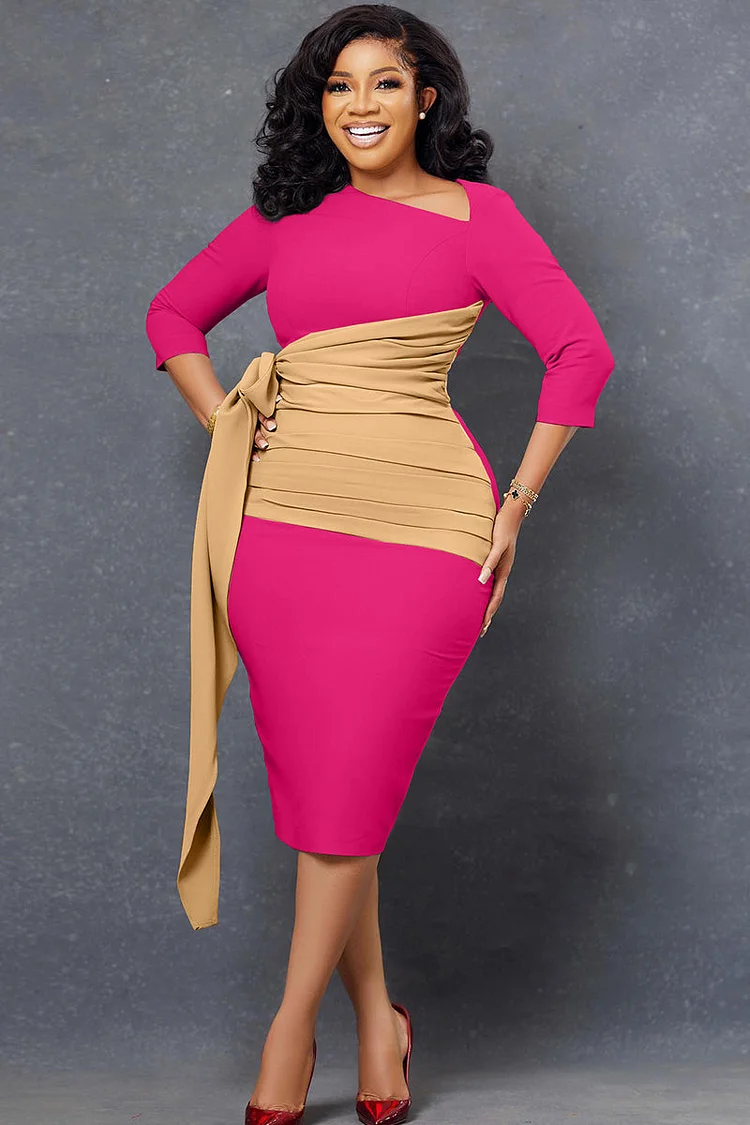 Colorblock Knotted Irregular Neck Bodycon Midi Dresses