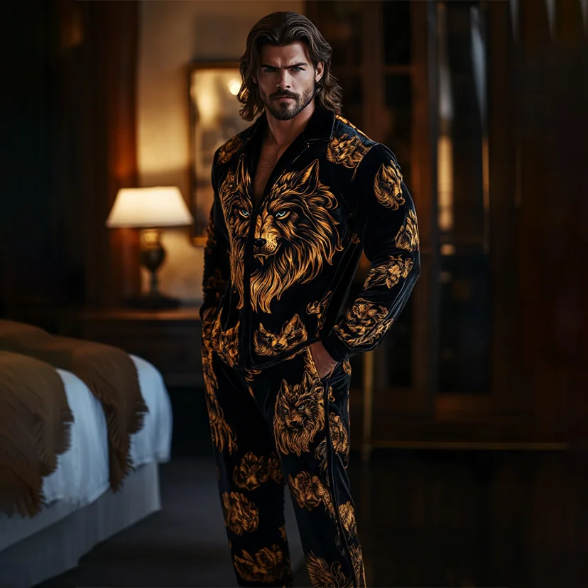 Men's Lux Velvet Wolf Pajamas Set-inspireuse