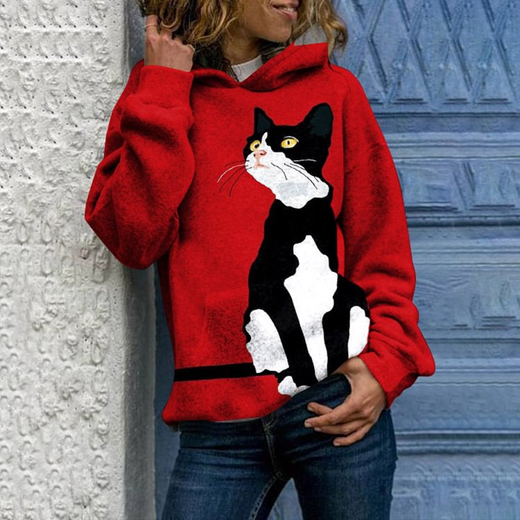 Vefave Cat Print Loose Casual Long Sleeve Hoodie