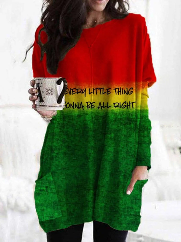Vefave Reggae Print Loose Long Sleeve Pocket Tunic
