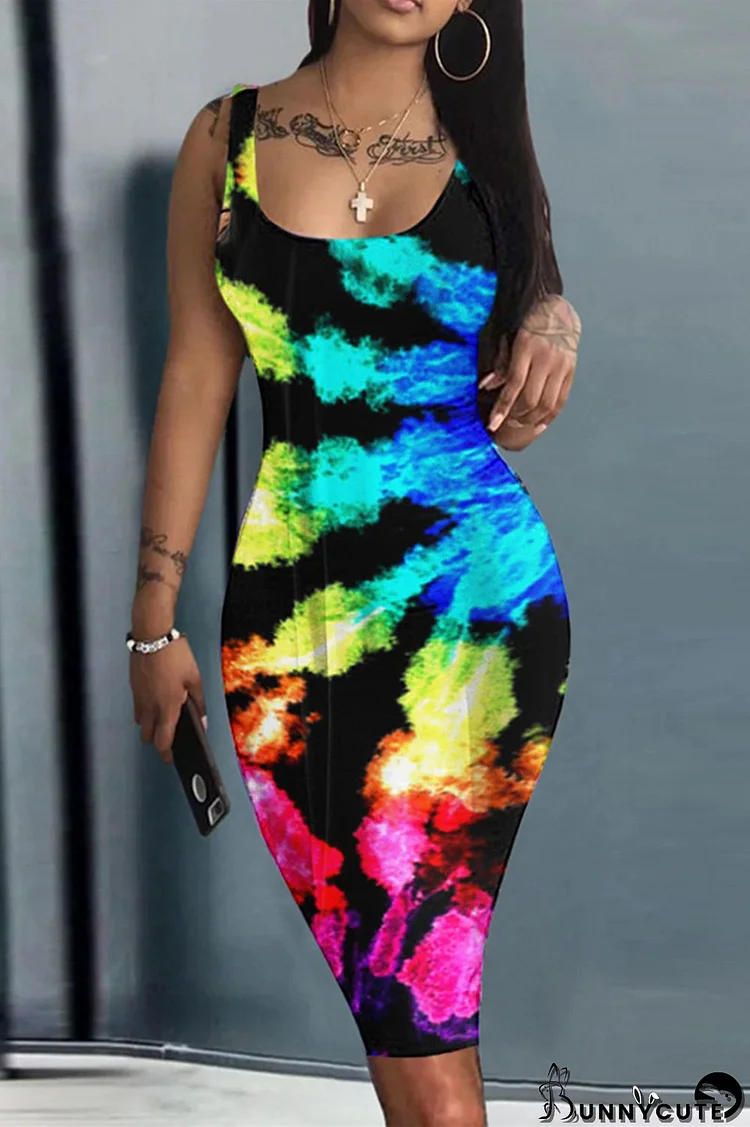 Colour Sexy Casual Print Patchwork U Neck Vest Dress