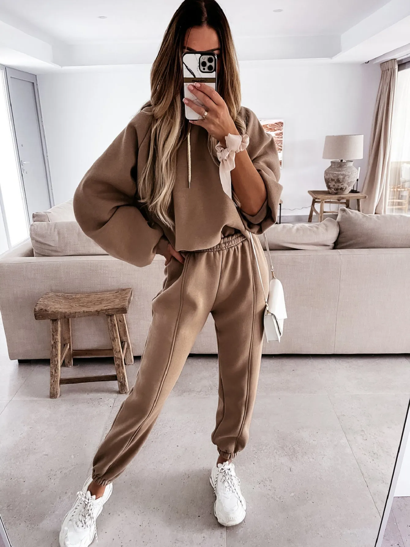 Fleece Outfits Long Sleeve Crop Hoodie Lounge Set