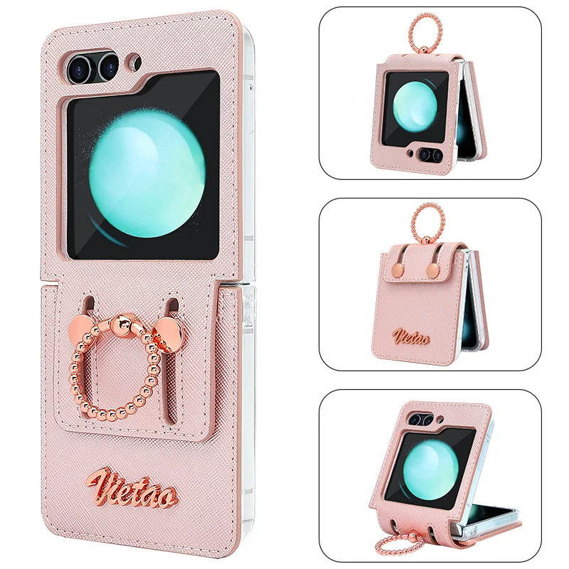 Leather Phone Case With Rotating Finger Ring And Kickstand For Galaxy Z Flip3/Z Flip4/Z Flip5