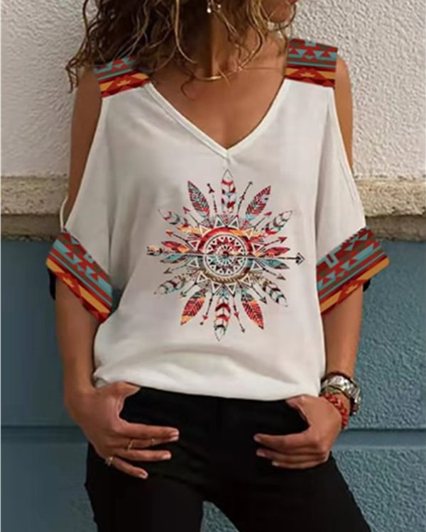 Oversized Off-the-shoulder Mid-sleeve Vintage-print Top - Chicaggo