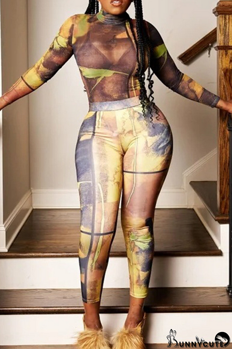 Colour Sexy Print Patchwork Half A Turtleneck Long Sleeve Two Pieces